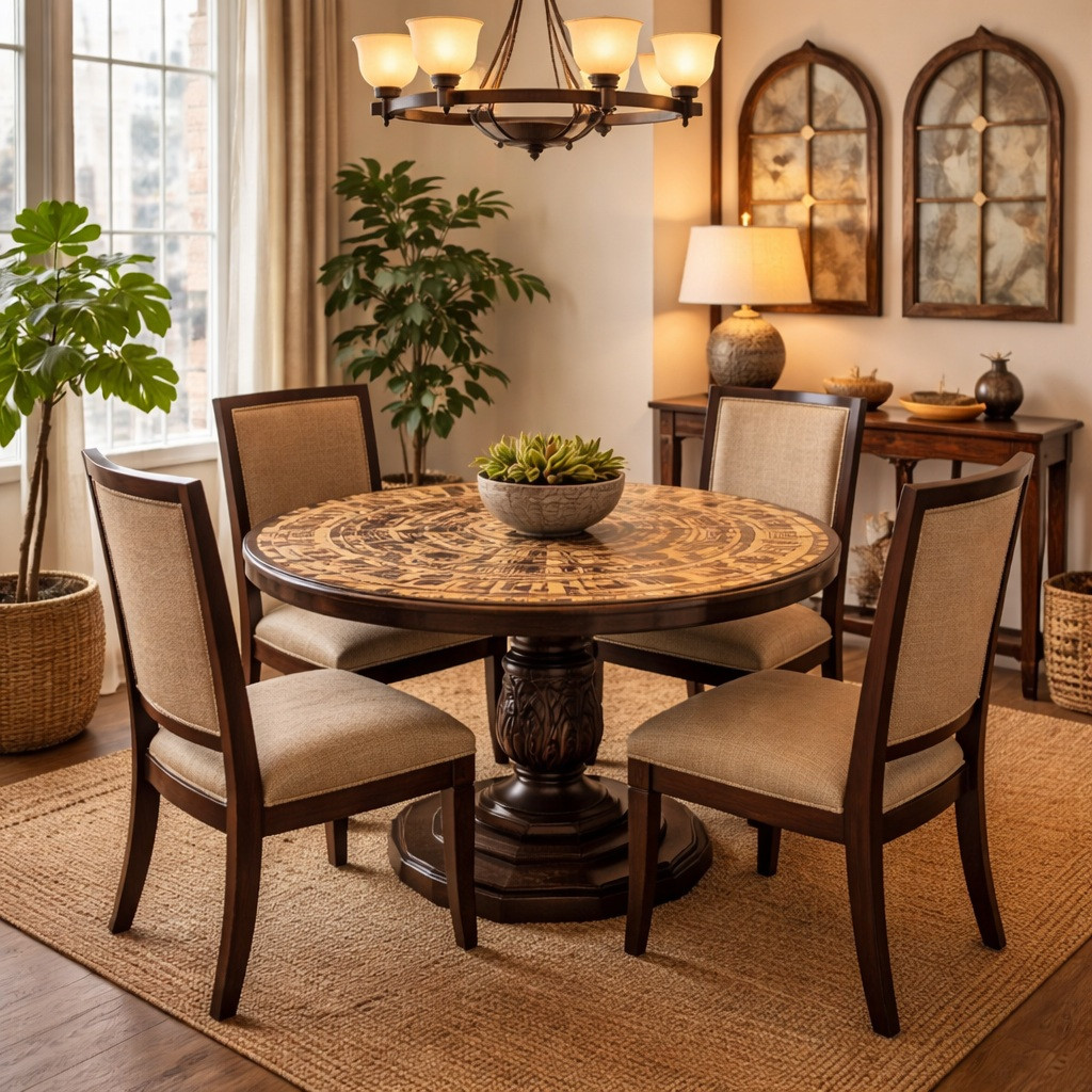 40-inch round wood Aztec calendar in a dining area as a table with four chairs around it