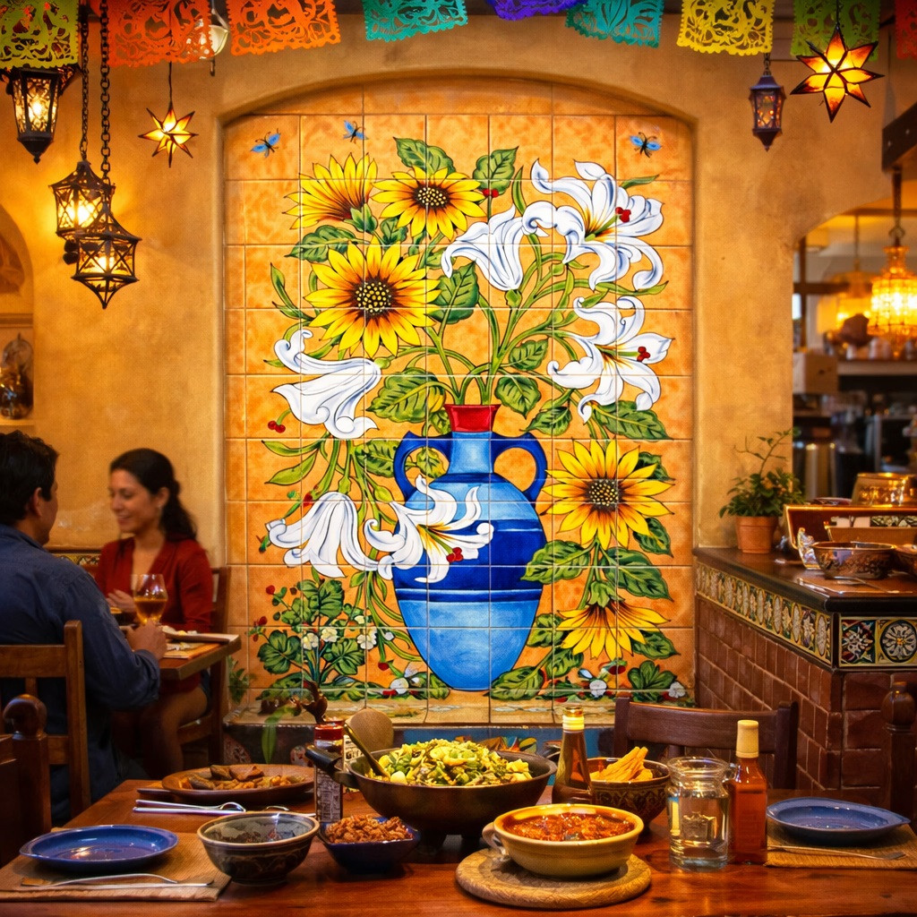 Talavera tile mural sunflower lily vase design on a restaurant wall with colorful Mexican decor