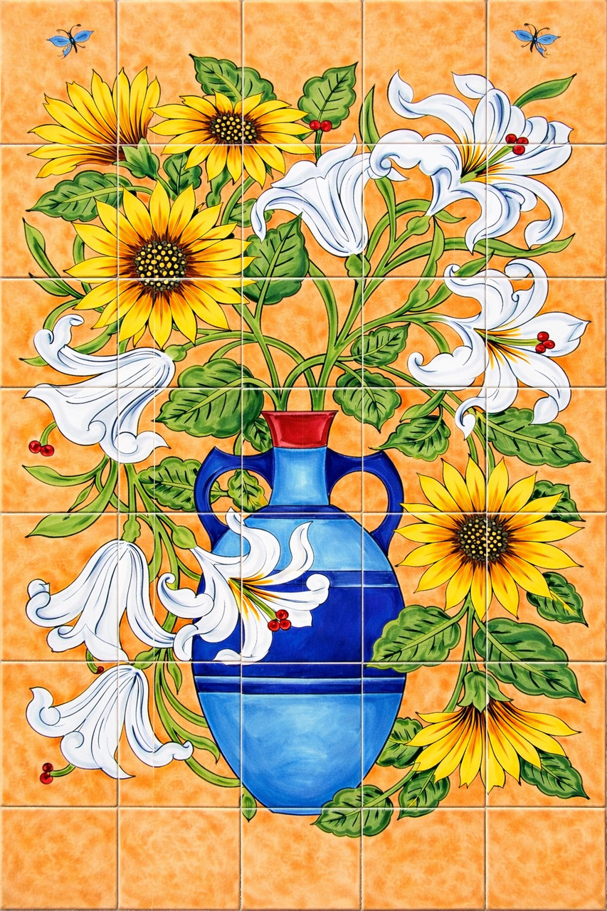 Talavera Tile Mural Sunflower Lily Vase Design