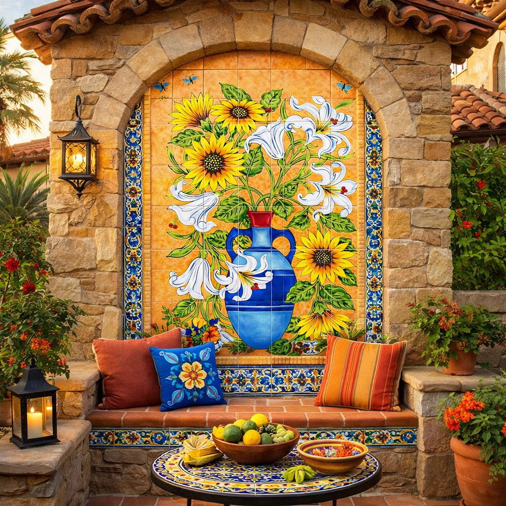 Talavera tile mural sunflower lily vase design in Spanish Revival space with arches and terracotta