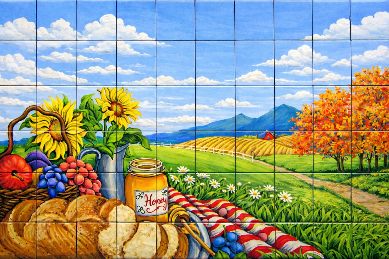 Mexican talavera countryside harvest tile mural design