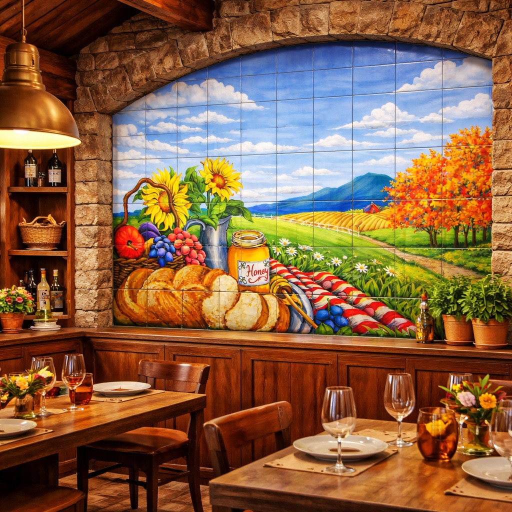 Mexican talavera countryside harvest tile mural design on restaurant wall with vibrant rustic decor