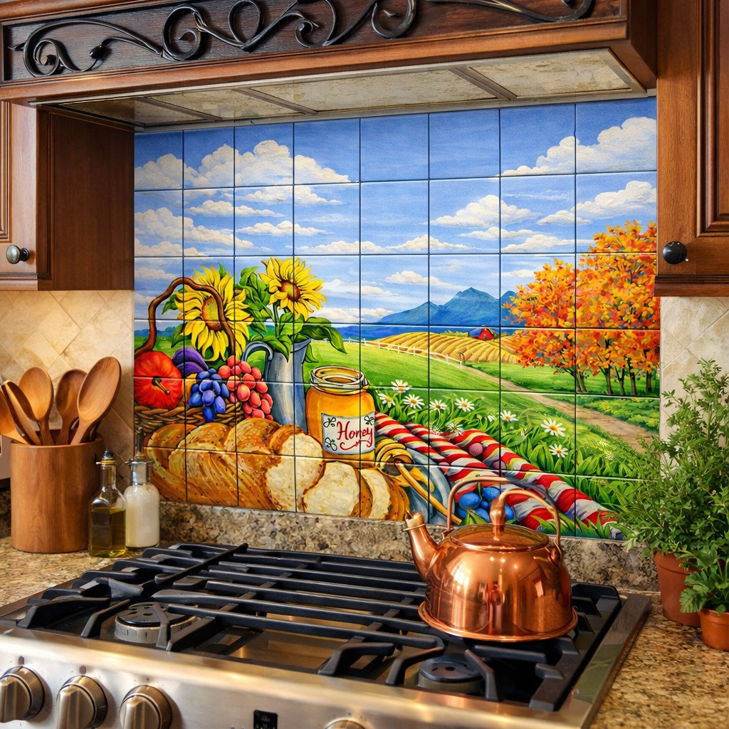Mexican talavera countryside harvest tile mural design in kitchen backsplash with warm rustic tones
