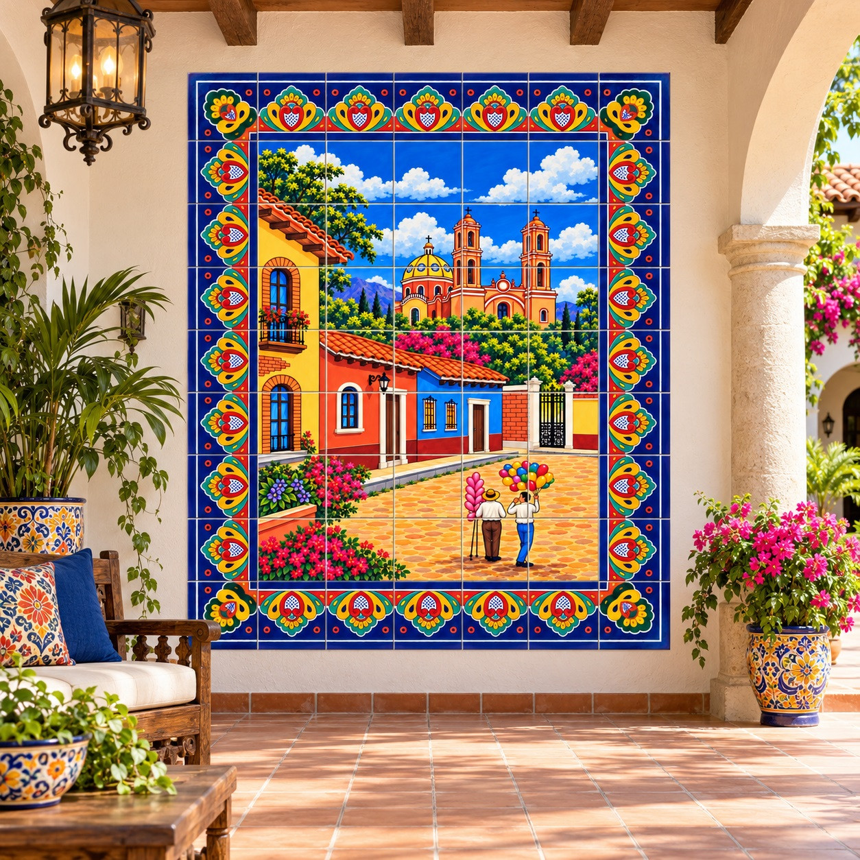 Mexican tile mural colonial town square displayed in a covered courtyard with rustic decor.