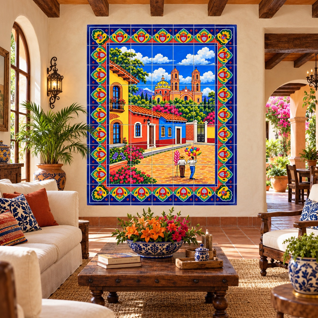 Mexican tile mural colonial town square in a hacienda living room with rustic furnishings.