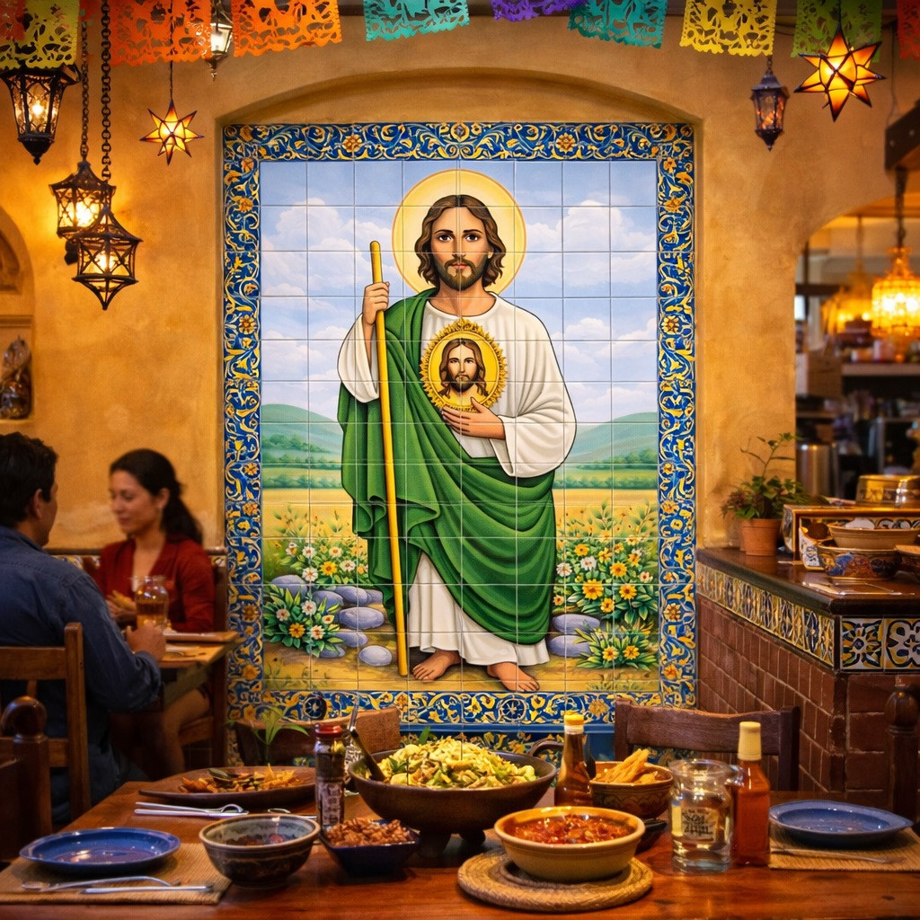 Saint Jude Mexican talavera religious tile mural art displayed on decorative wall inside authentic Mexican style restaurant interior
