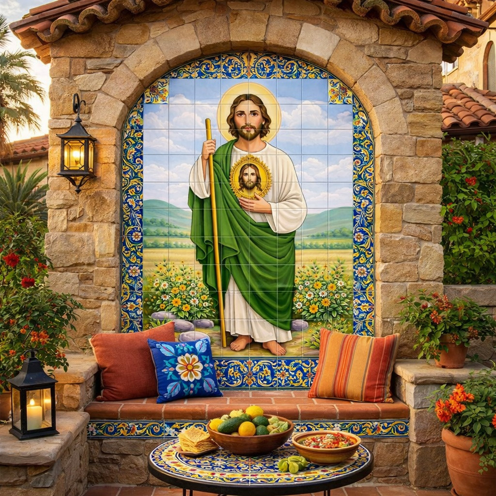 Saint Jude Mexican talavera religious tile mural art featured on courtyard wall within elegant Spanish Revival architectural setting