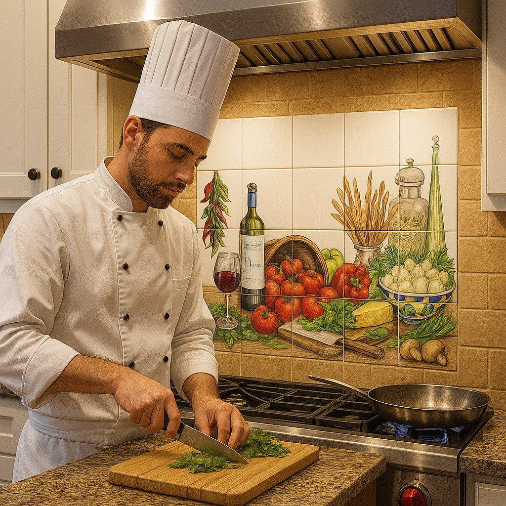 Mediterranean kitchen talavera tile mural featured in a chef kitchen interior combining color and Mediterranean charm