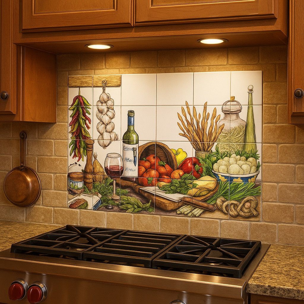 Mediterranean kitchen talavera tile mural displayed on a rustic kitchen backsplash surrounded by warm tones