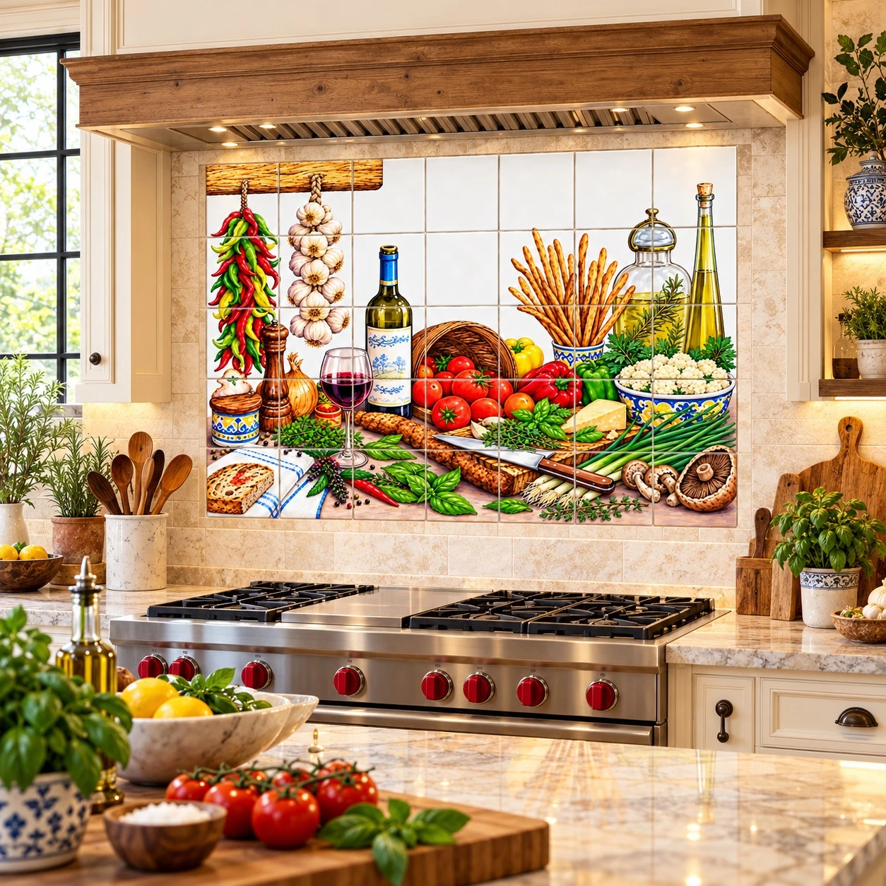 Mediterranean kitchen talavera tile mural in a chef kitchen with vibrant culinary details.