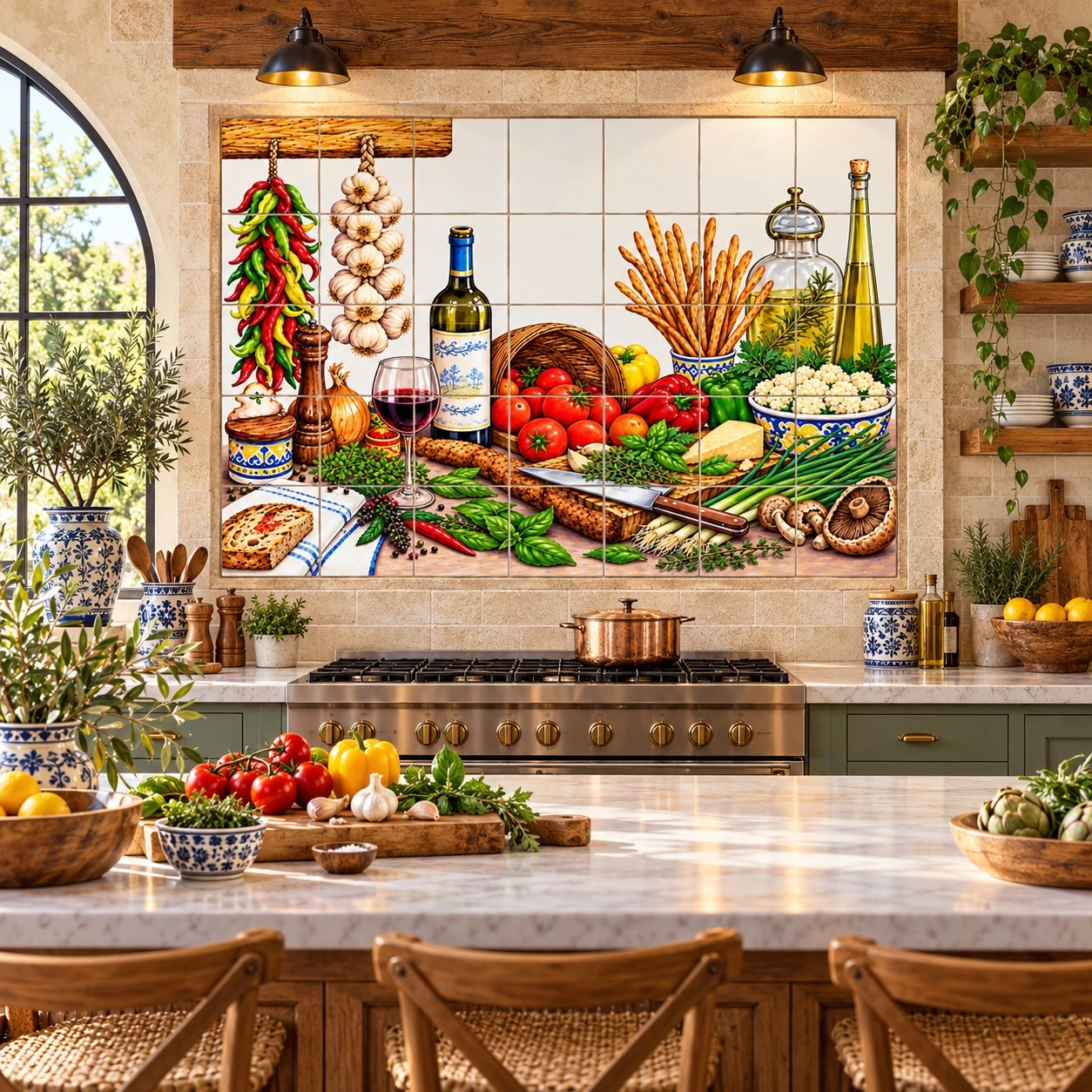 Mediterranean kitchen talavera tile mural artisan hand painting the colorful culinary scene.