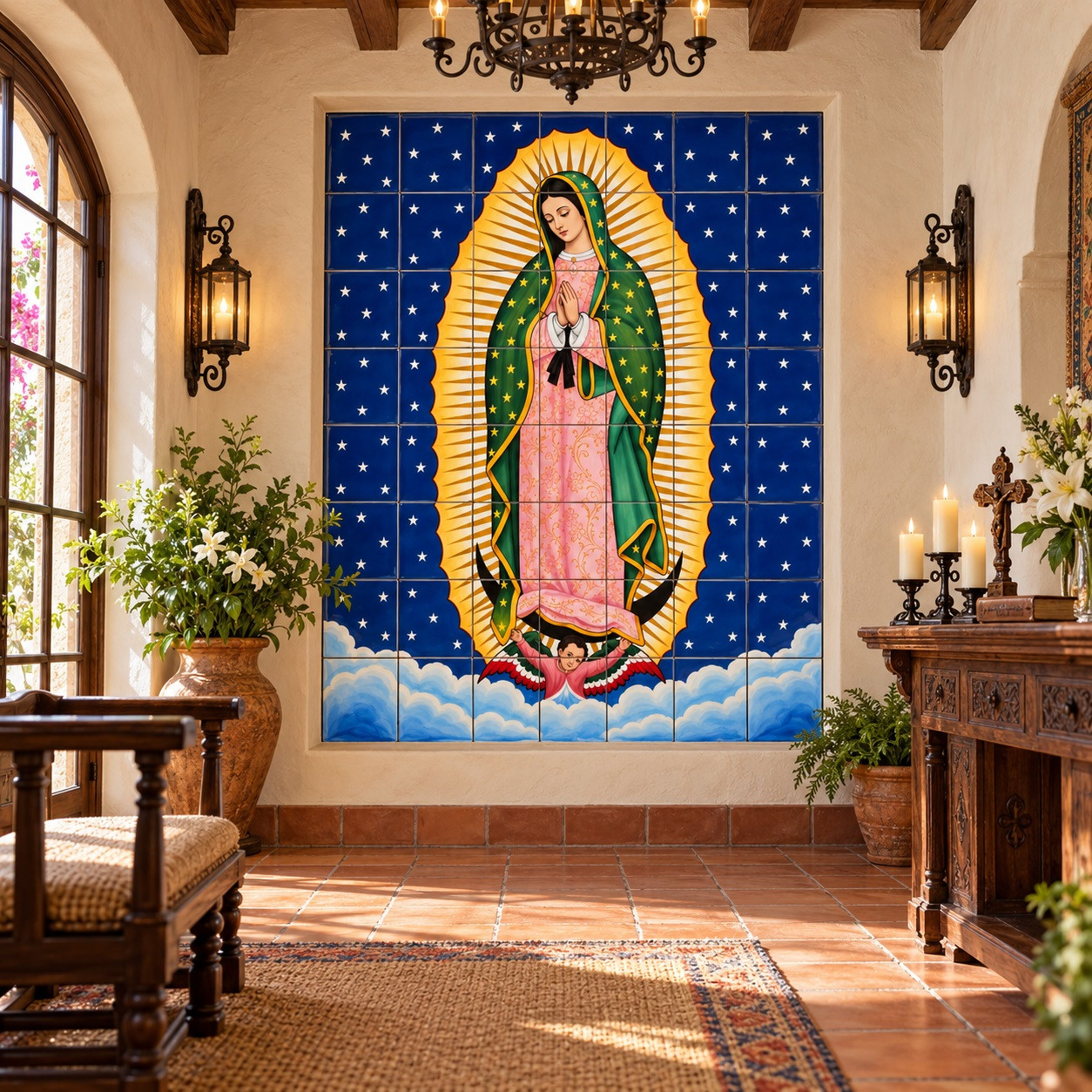 Mexican tile mural - our lady Guadalupe in a Spanish colonial prayer room with rustic wood decor.