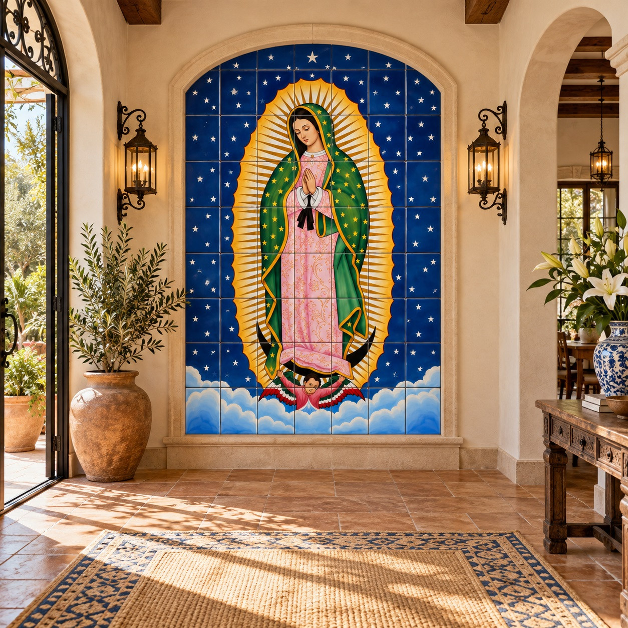 Mexican tile mural - our lady Guadalupe in a Mediterranean foyer with plaster walls and pottery.