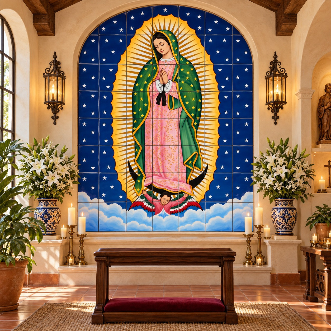 Mexican tile mural - our lady Guadalupe in a devotional chapel with candles and plaster arches.