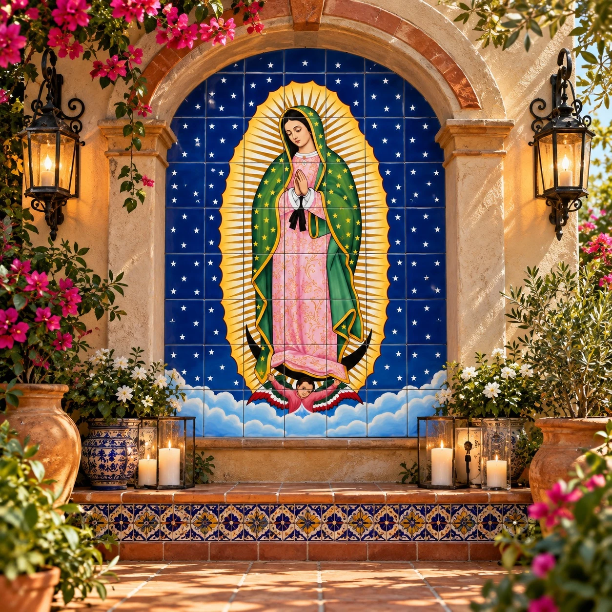 Mexican tile mural - our lady Guadalupe in a garden shrine with flowers, greenery, and candlelight.