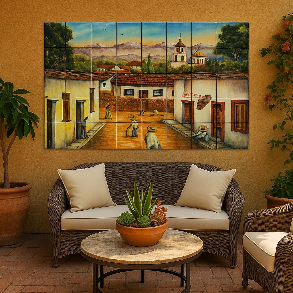Colonial Village Mexican Tile Mural | Hand-Painted Talavera Art