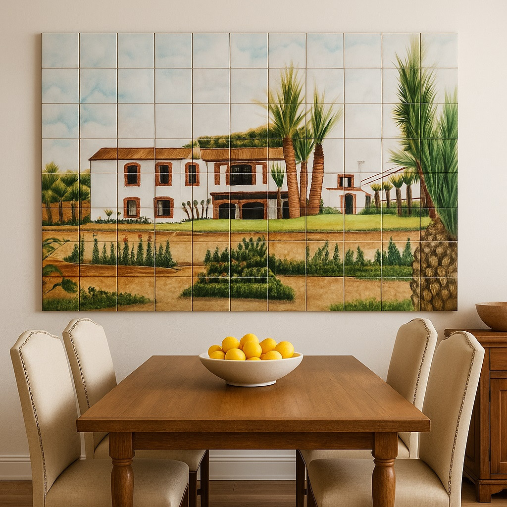 Mexican tile mural colonial hacienda enhancing a dining room interior with colorful handcrafted tile artistry.