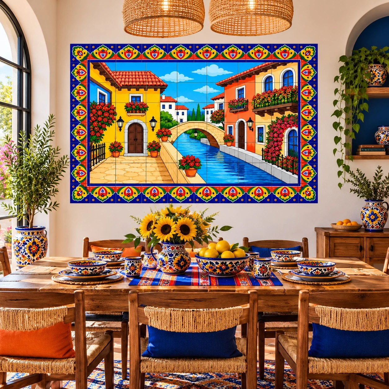 Talavera mediterranean canal tile mural displayed in a colorful dining room with warm accents
