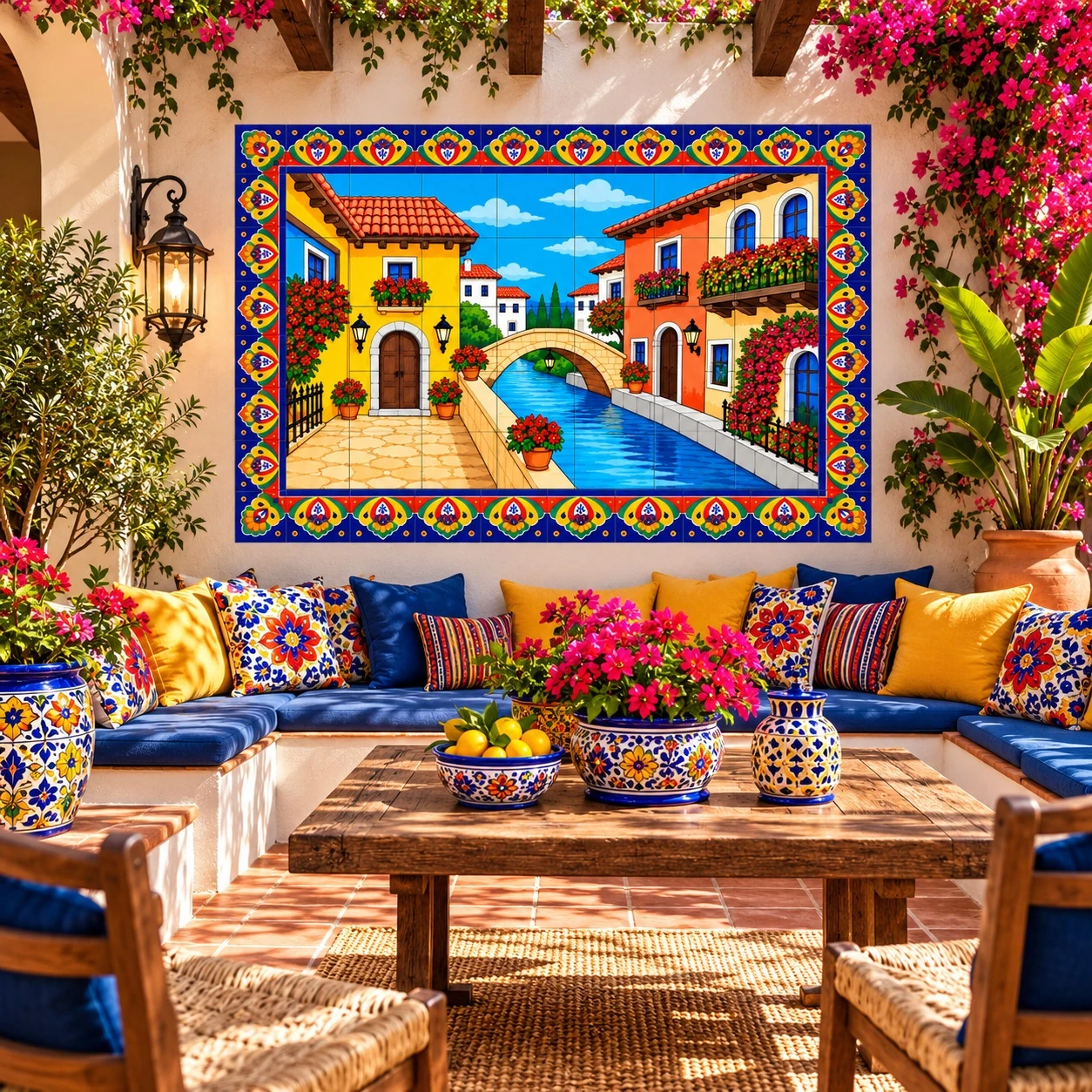 Talavera mediterranean canal tile mural displayed in a Spanish patio with bright floral accents
