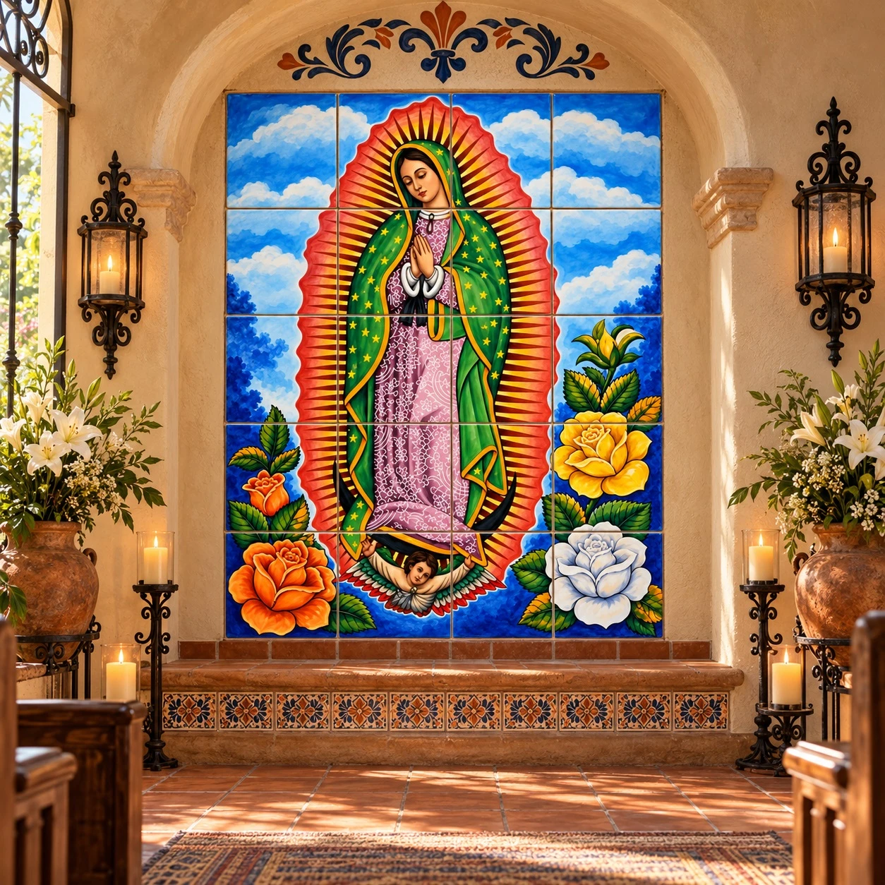 Our lady of Guadalupe tile mural in a hacienda chapel niche with pottery and warm plaster.