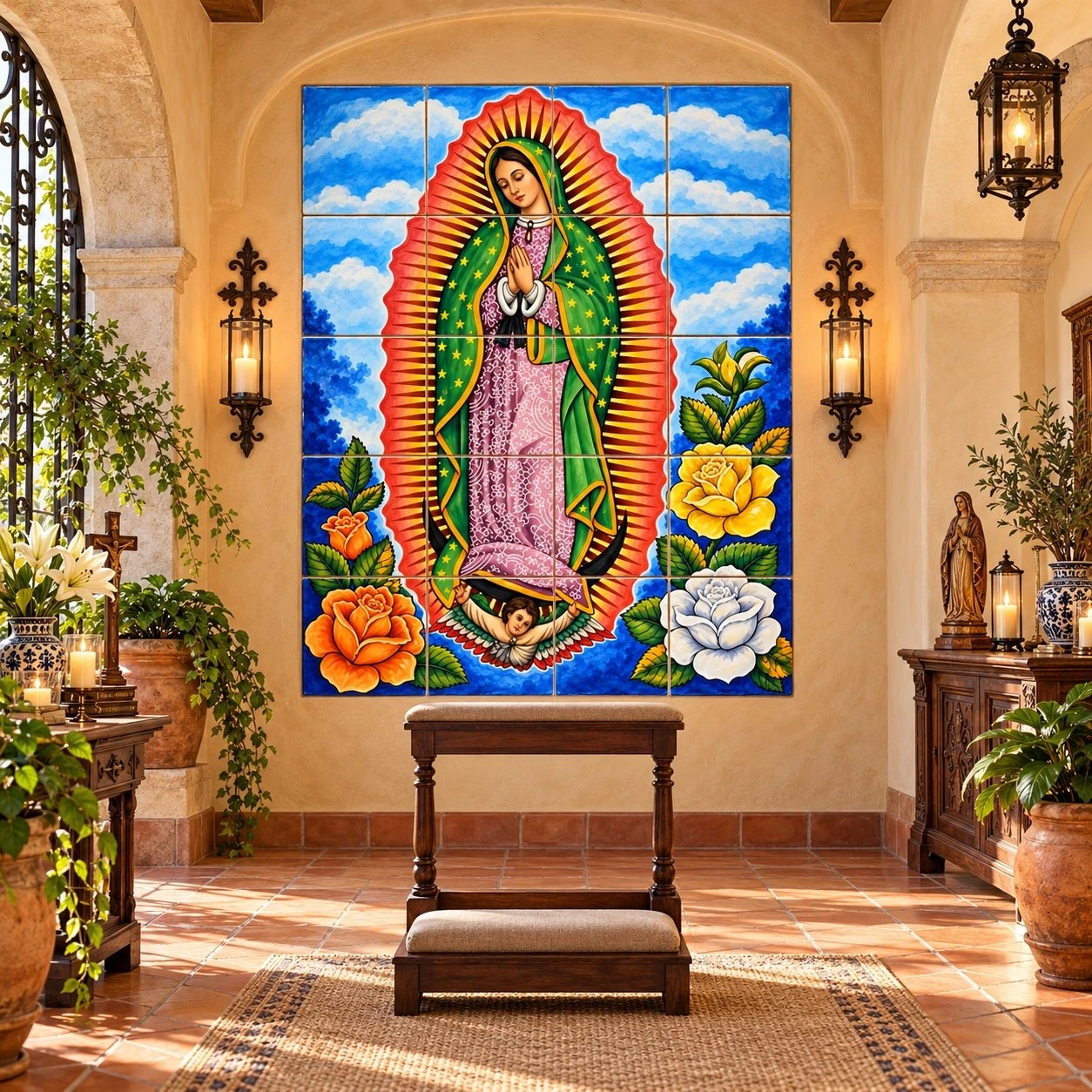 Our lady of Guadalupe tile mural in a Spanish Colonial prayer room with wood and candlelight.