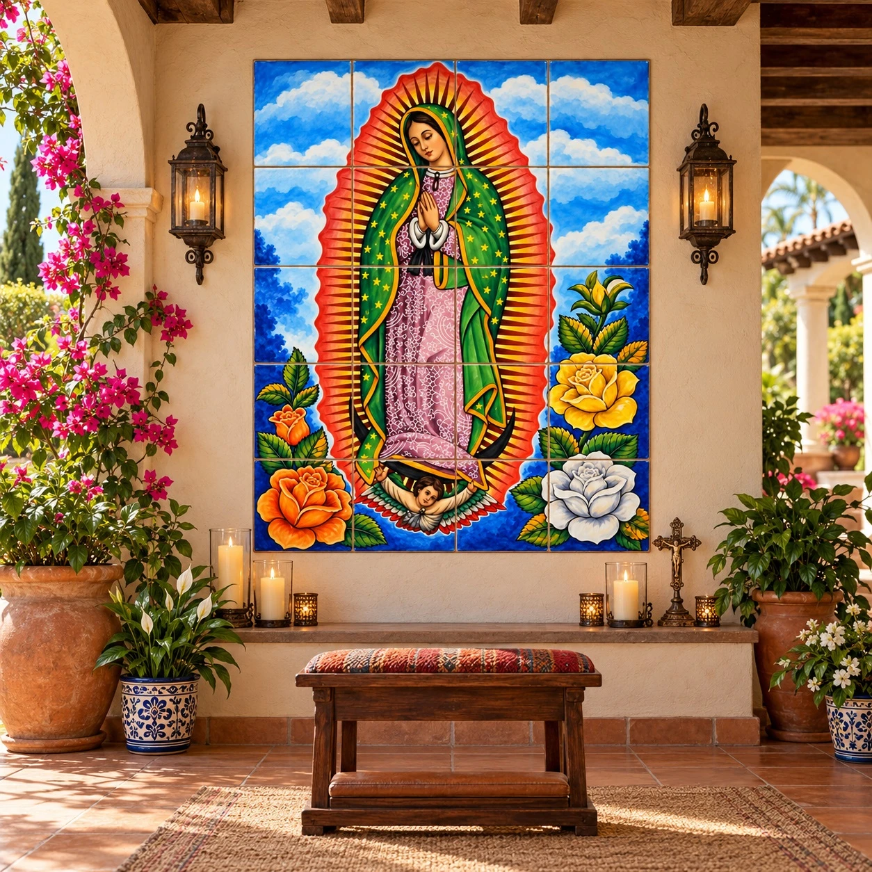 Our lady of Guadalupe tile mural in a covered patio sanctuary with arches and pottery.