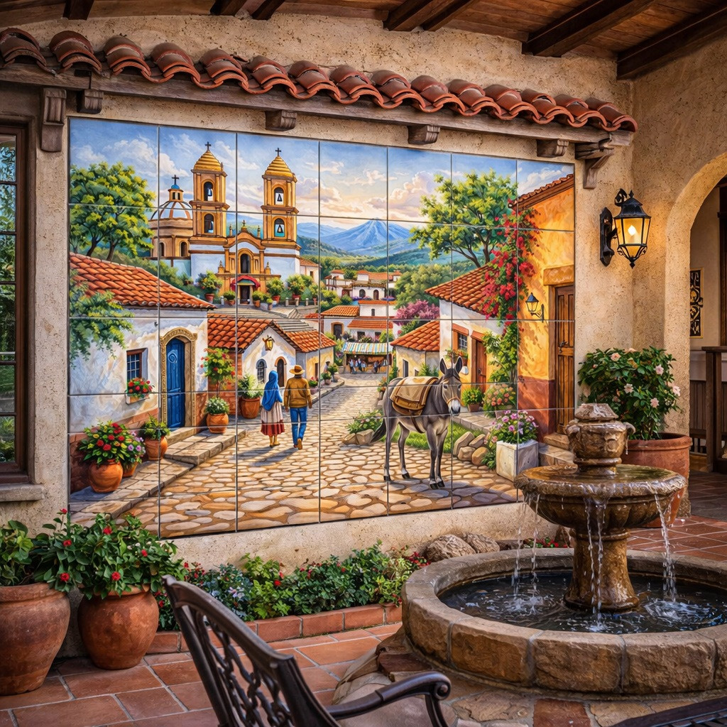 Colorful colonial village tile mural in courtyard wall with Spanish Revival style setting