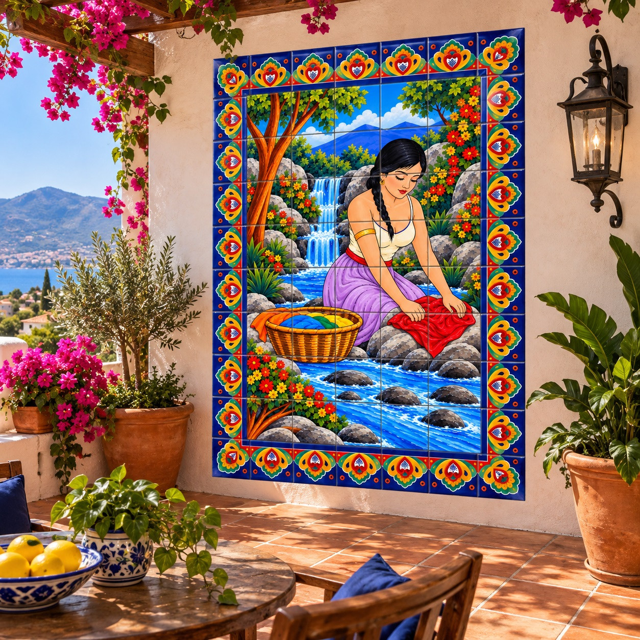 Rustic Copper Table Top Mexican Tile Mural | River Washing Scene