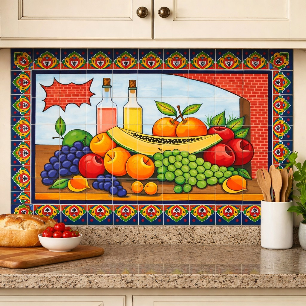 Mexican talavera tile mural fruit harvest installed as kitchen backsplash with warm colors