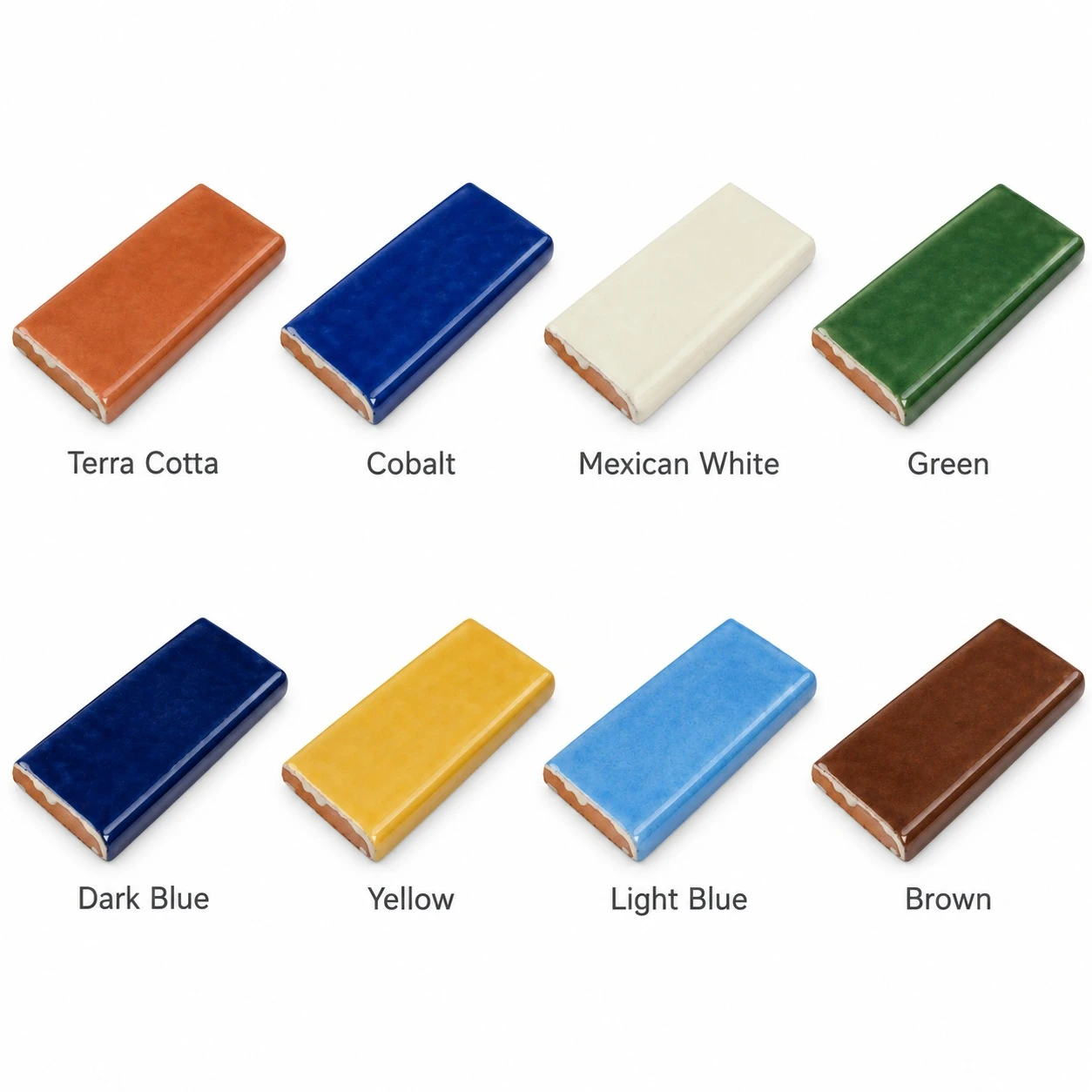 Bullnose trims in terra cotta, Mexican white, dark blue, light blue, cobalt, green, yellow, and brown