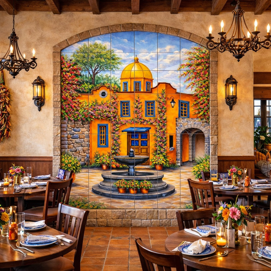 Spanish colonial courtyard talavera tile mural fountain scene displayed on restaurant wall creating vibrant hacienda style dining atmosphere