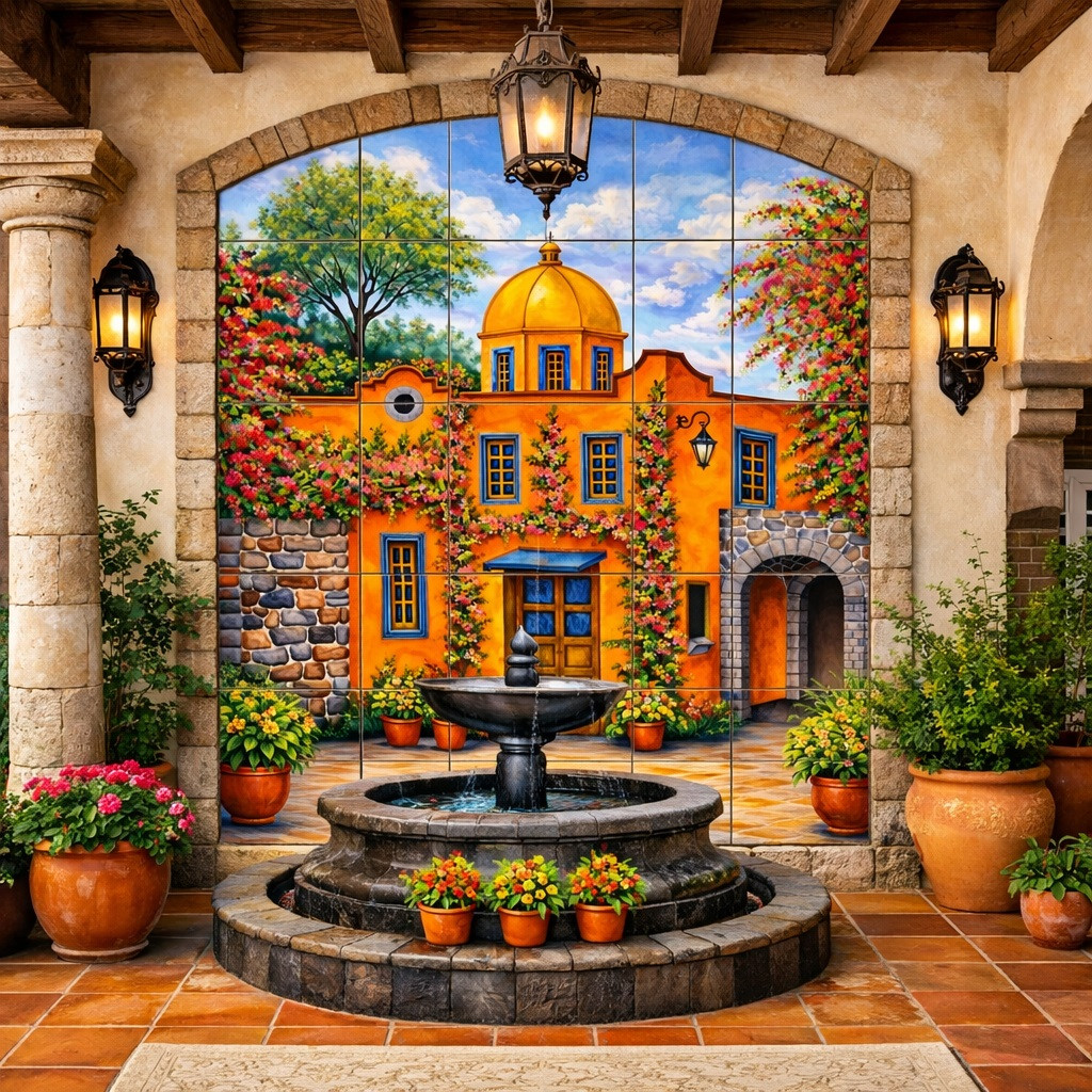 Spanish colonial courtyard talavera tile mural fountain scene featured in Spanish Revival courtyard wall with fountain and garden inspired design