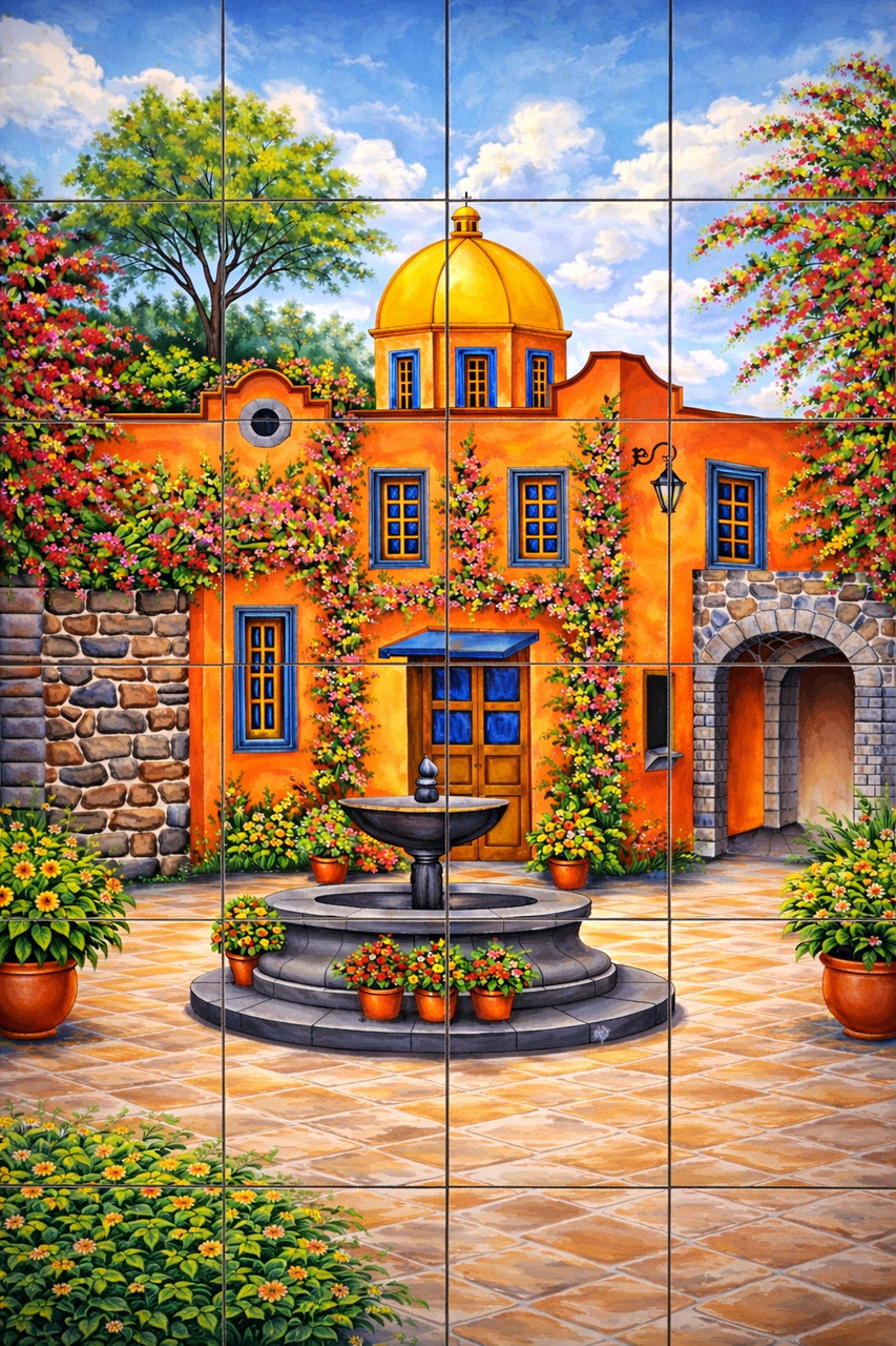 Spanish colonial courtyard talavera tile mural fountain scene