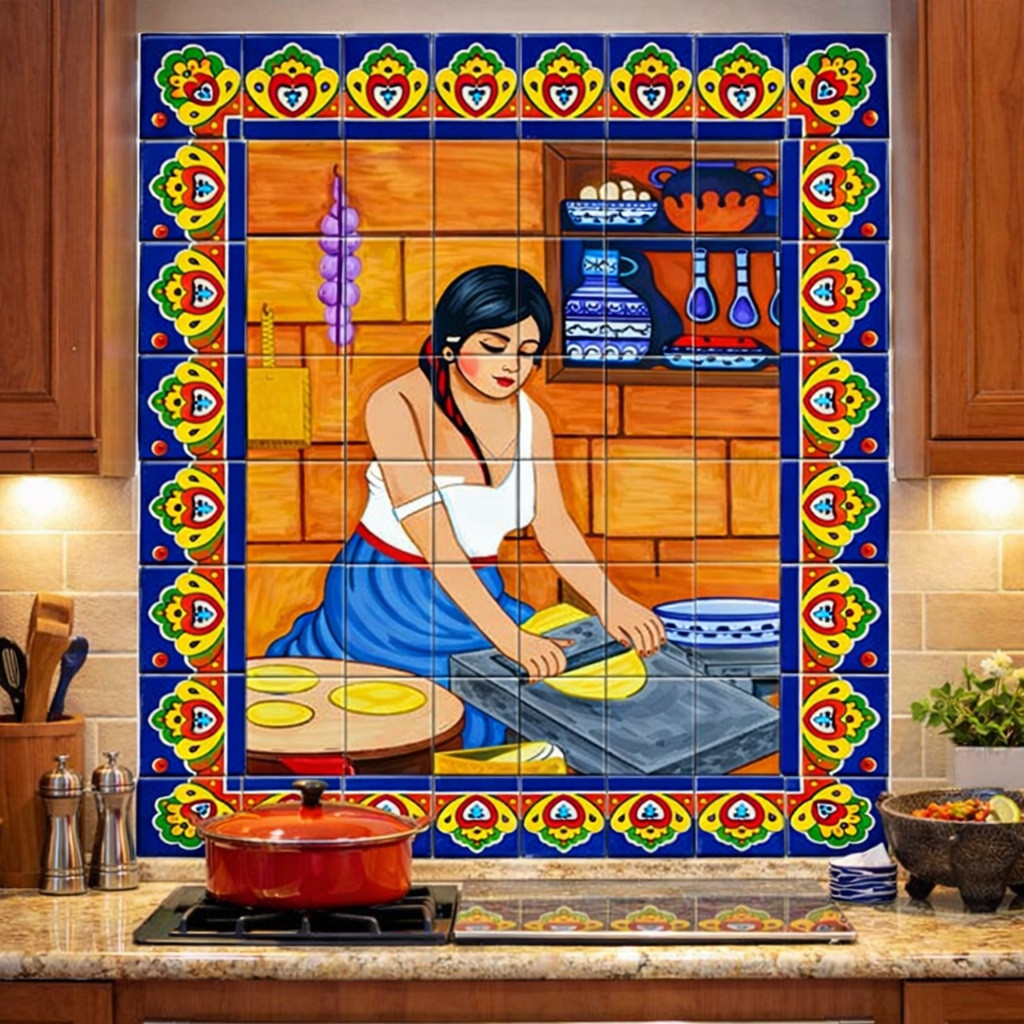 Mexican talavera tile mural kitchen tradition installed on kitchen wall with cooking scene