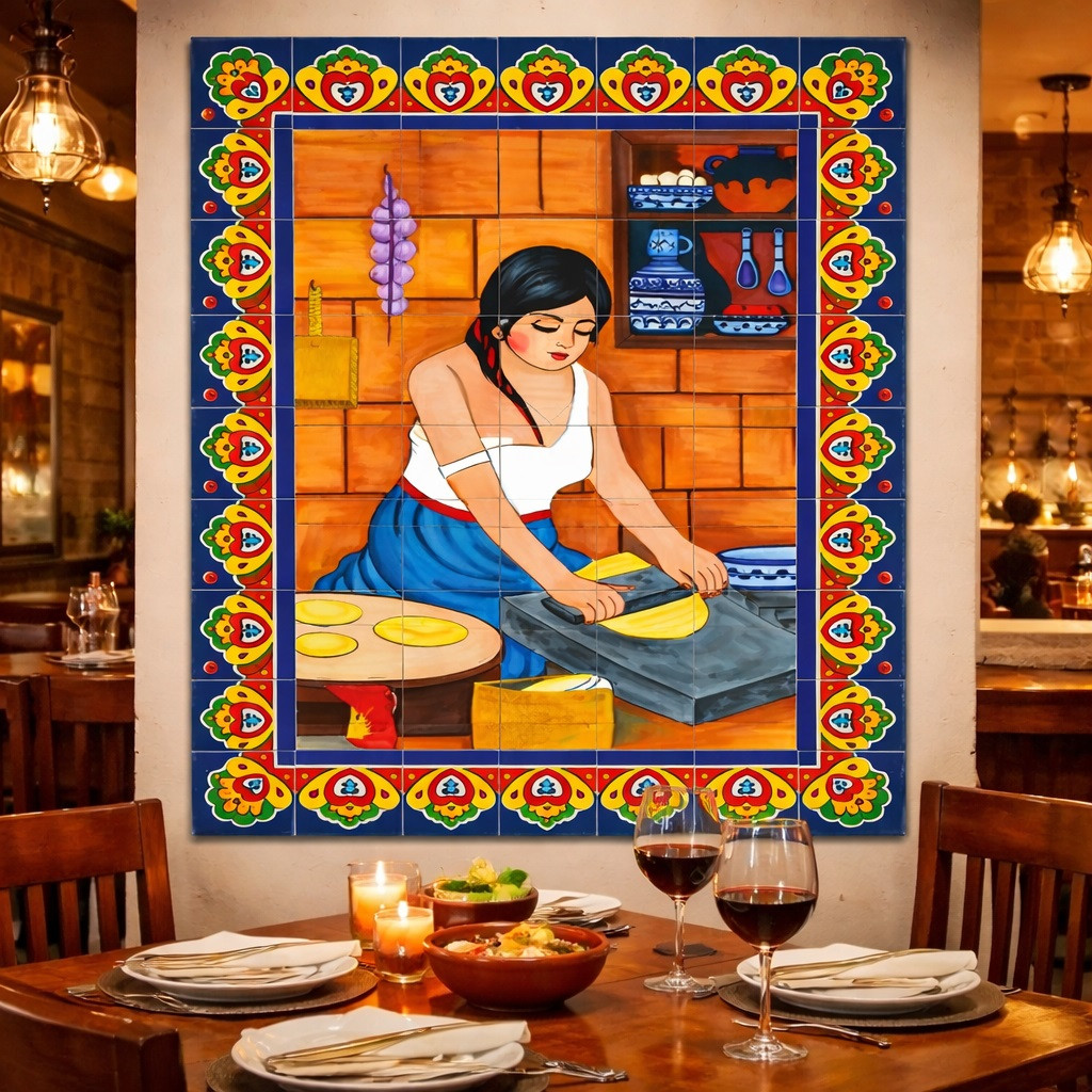 Mexican talavera tile mural kitchen tradition featured in restaurant dining area with heritage