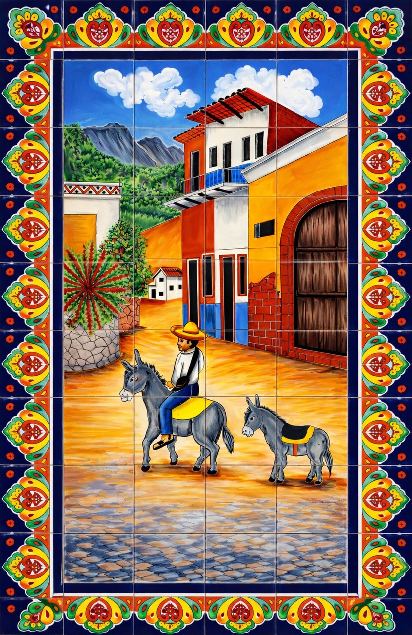 Mexican village donkey talavera tile mural scene