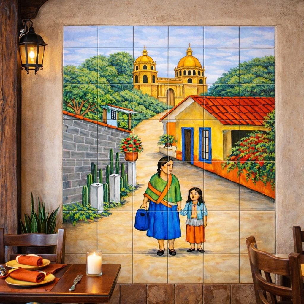 Mexican village church scene talavera tile mural in restaurant wall creating vibrant dining ambiance