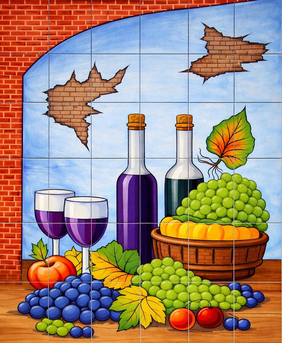 Colorful wine and fruit talavera tile mural design