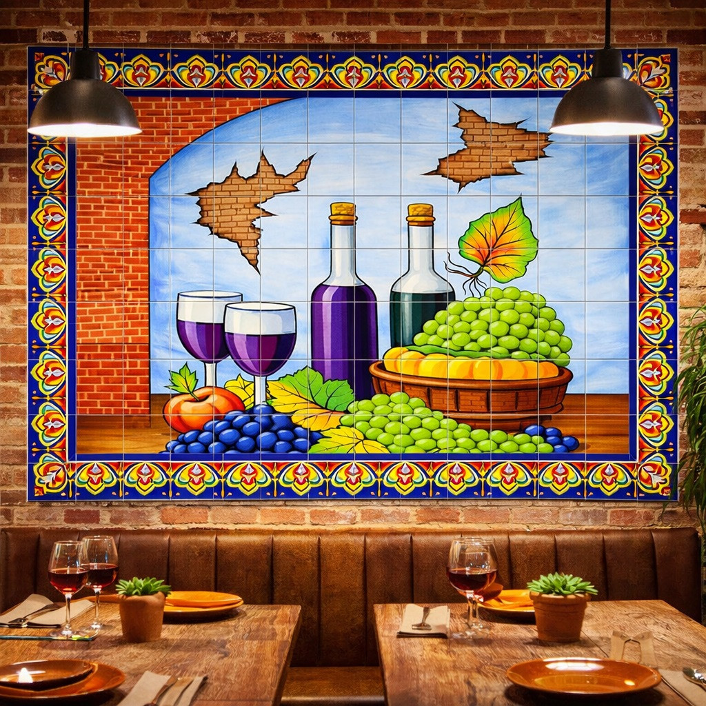 Colorful wine and fruit talavera tile mural design on restaurant wall with rustic decor