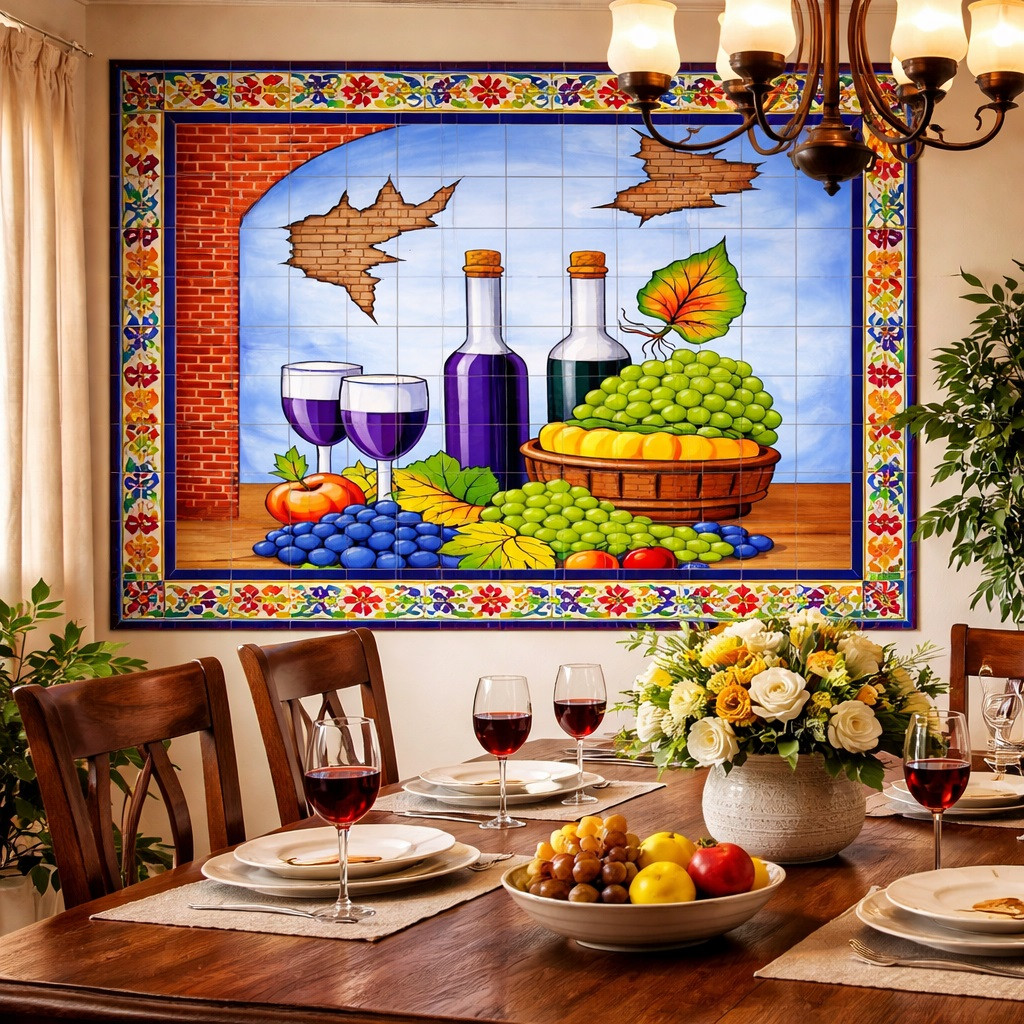 Colorful wine and fruit talavera tile mural design in dining room with Spanish accents