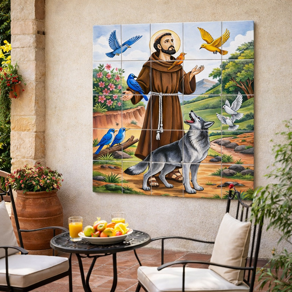 San Francisco talavera tile mural with animals scene installed in courtyard wall enhancing Spanish Revival outdoor space