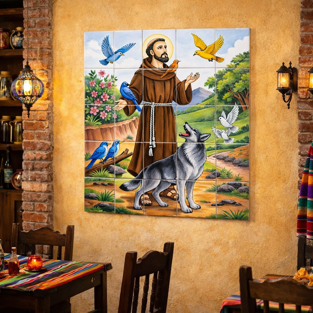 San Francisco talavera tile mural with animals scene featured on restaurant wall creating warm rustic Mexican ambiance