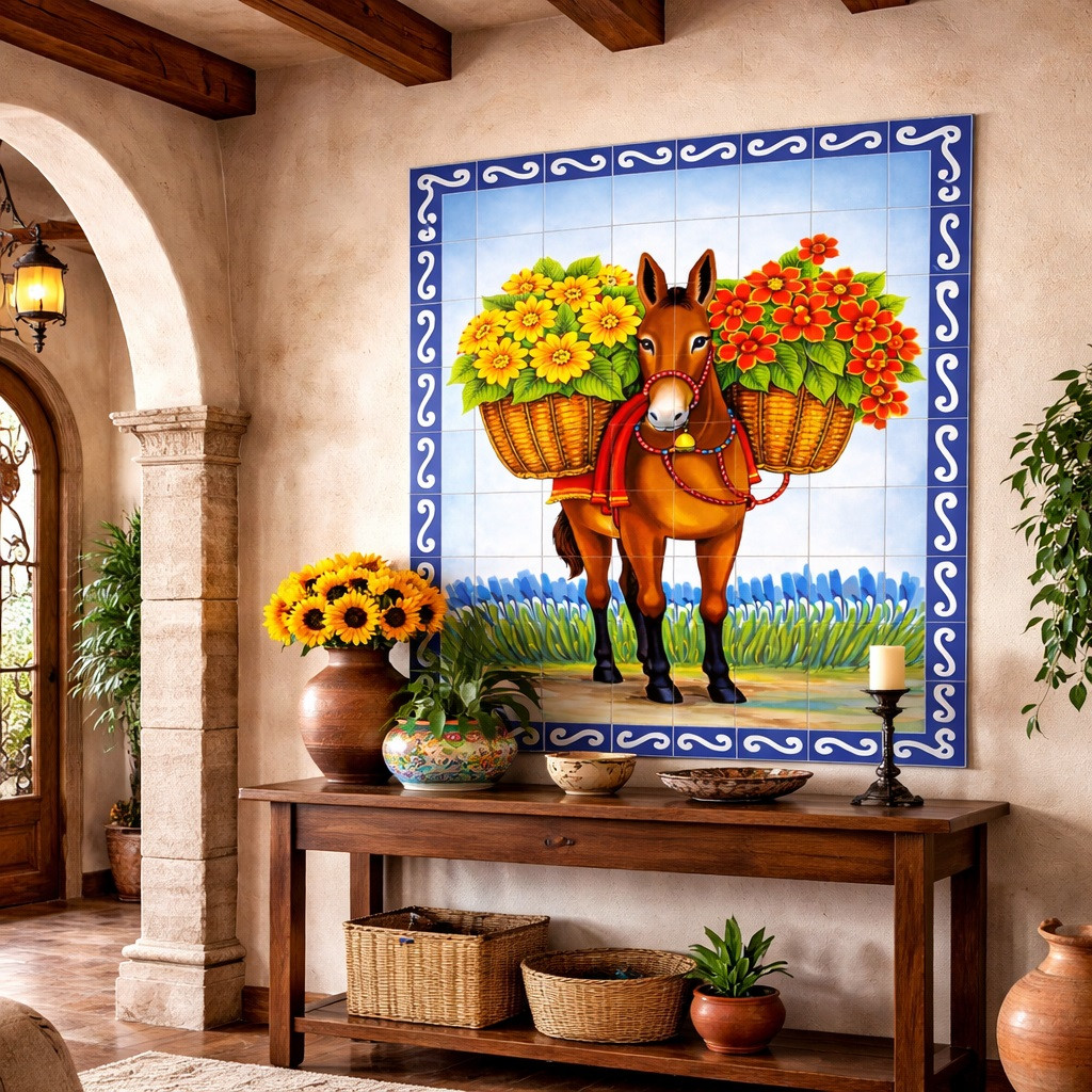 Mexican talavera tile mural donkey with flowers installed in a Spanish Revival interior with arches and rustic textured finishes