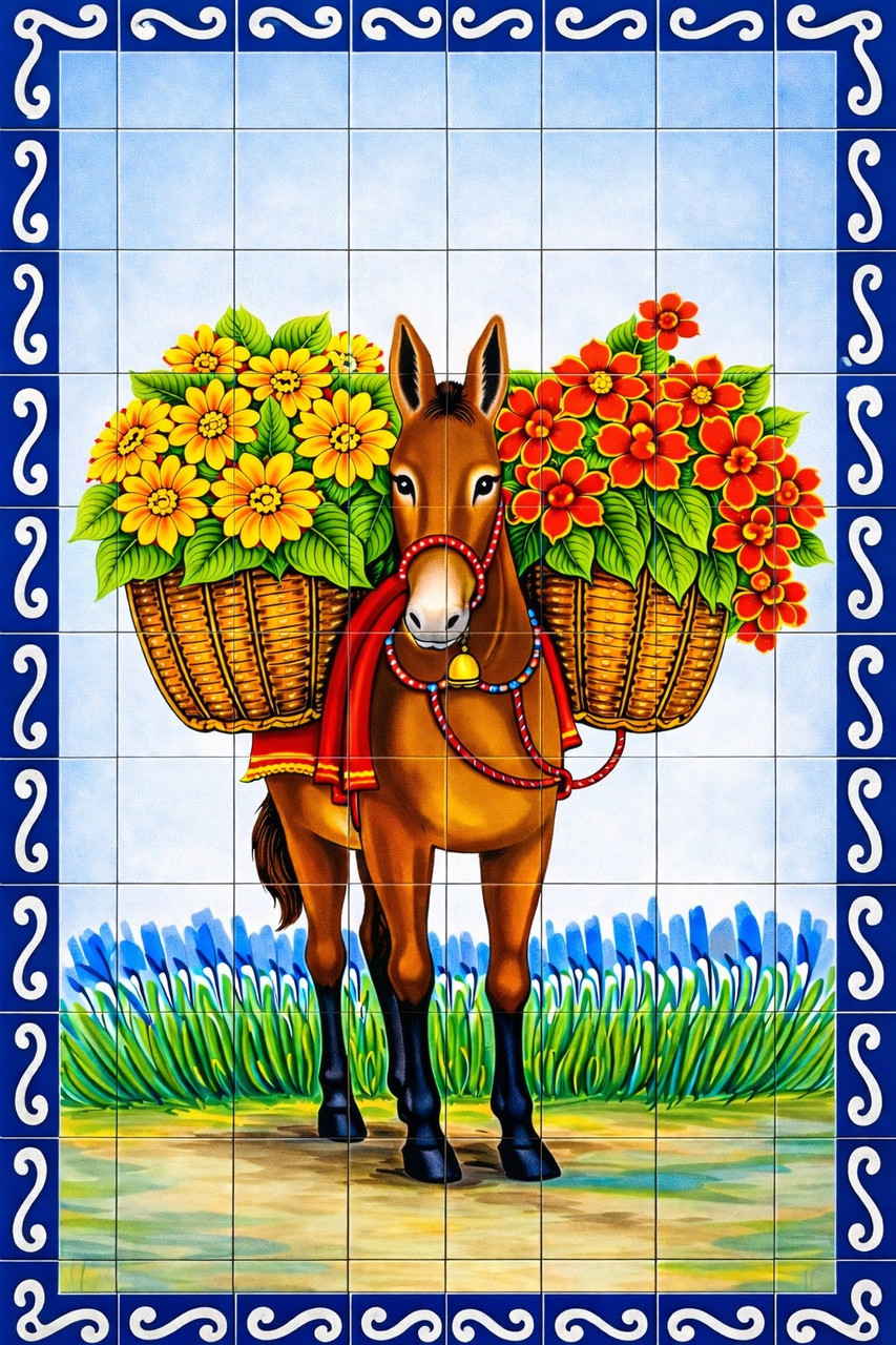 Mexican talavera tile mural donkey with flowers