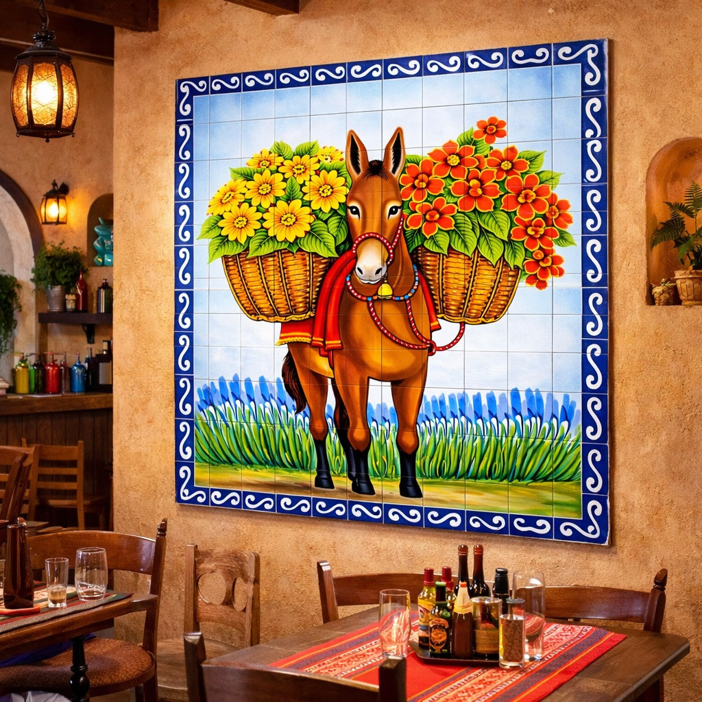 Mexican talavera tile mural donkey with flowers featured on a restaurant wall creating a warm atmosphere with bold colors and traditional design