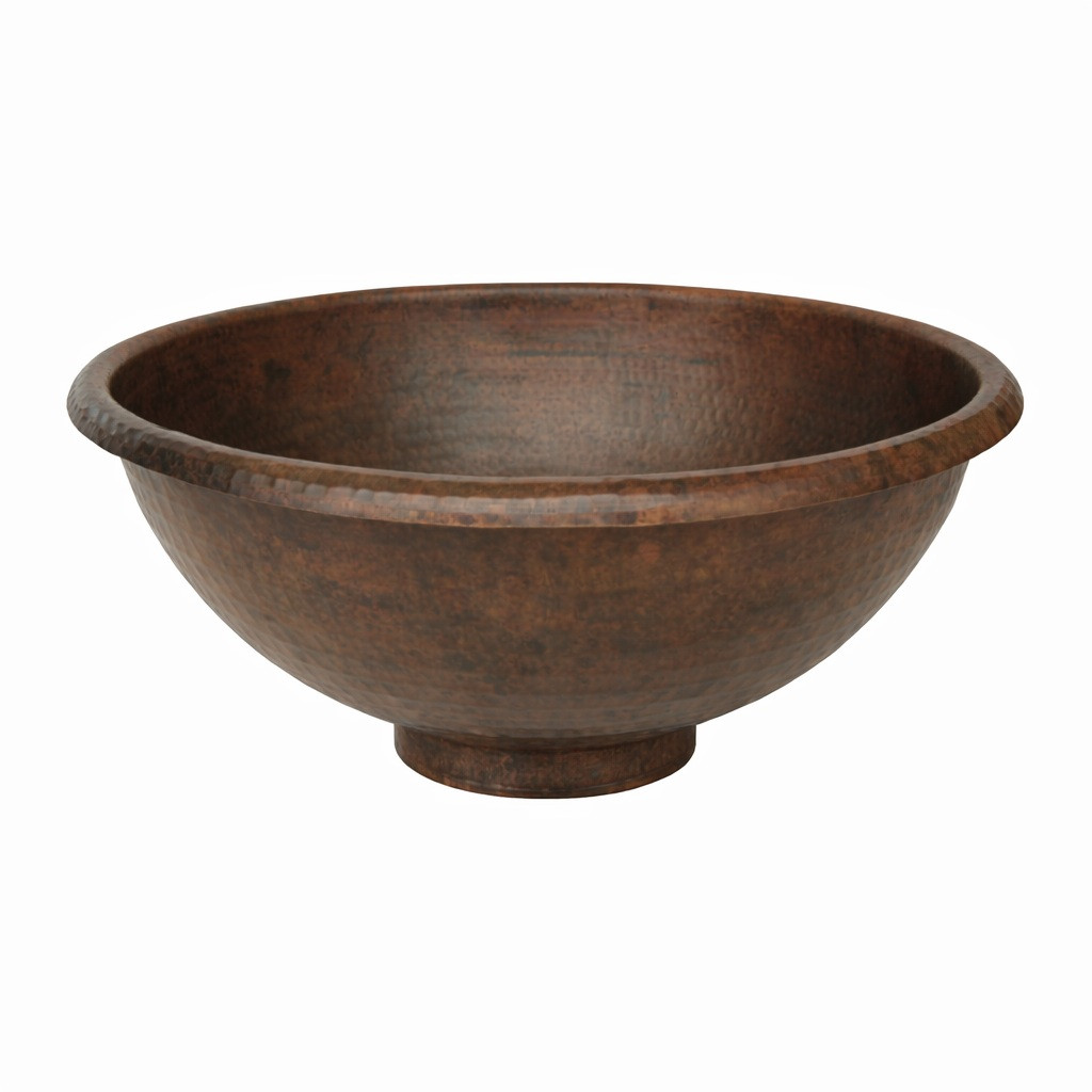 Front view of round copper vessel sink with raised base, wide open bowl, and smooth rolled rim