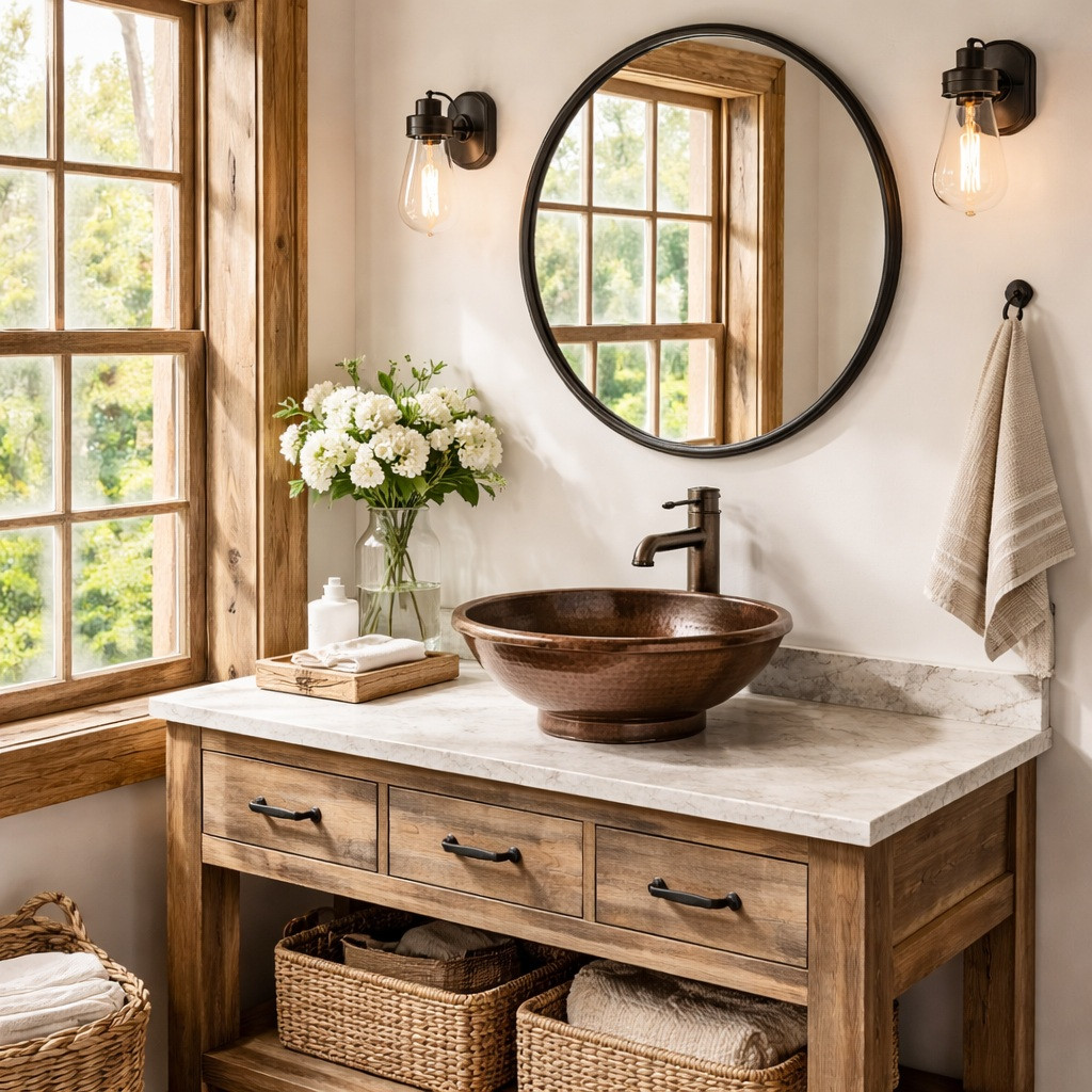 Copper vessel sink with raised base in a rustic farmhouse bathroom with a reclaimed wood vanity cabinet
