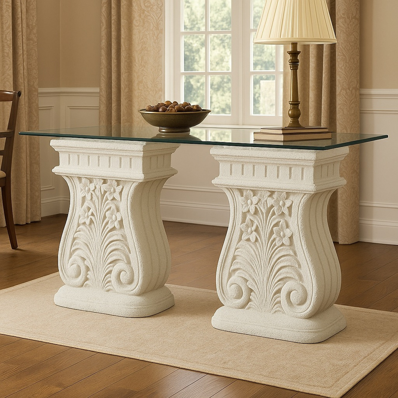 Two decorative cantera stone table stands with floral carvings used as a side table with glass tabletop in an elegant room