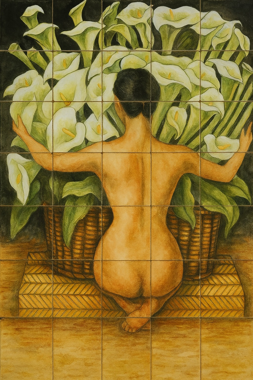 Woman Calla Lilies Mexican tile mural showcasing hand-painted folk symbolism and artisanal ceramic detail
