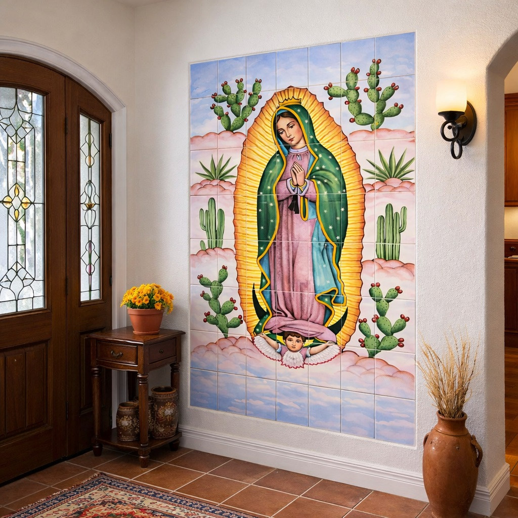 Virgin Guadalupe cactus talavera tile mural design in house entryway enhancing space with serene artisan detail